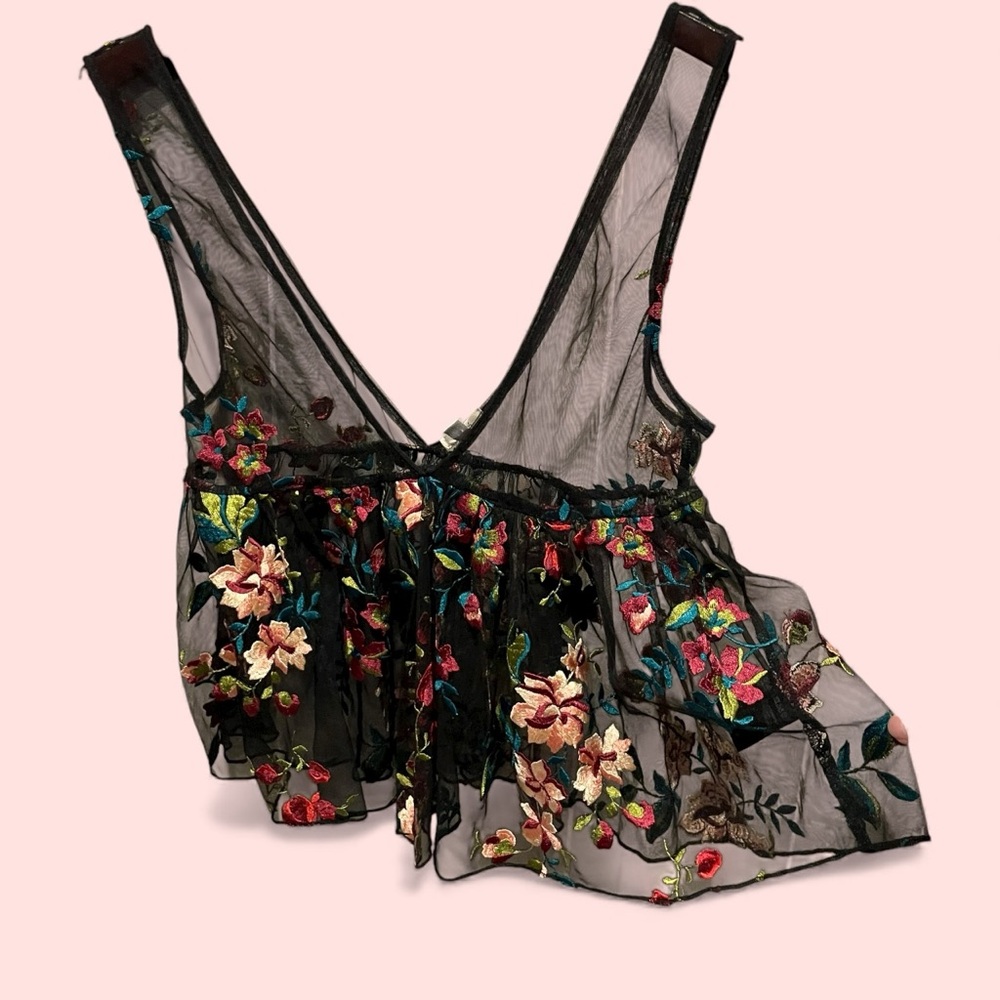 Cute sheer mesh deep-v floral embroidered ruffle crop top boho fairy festival